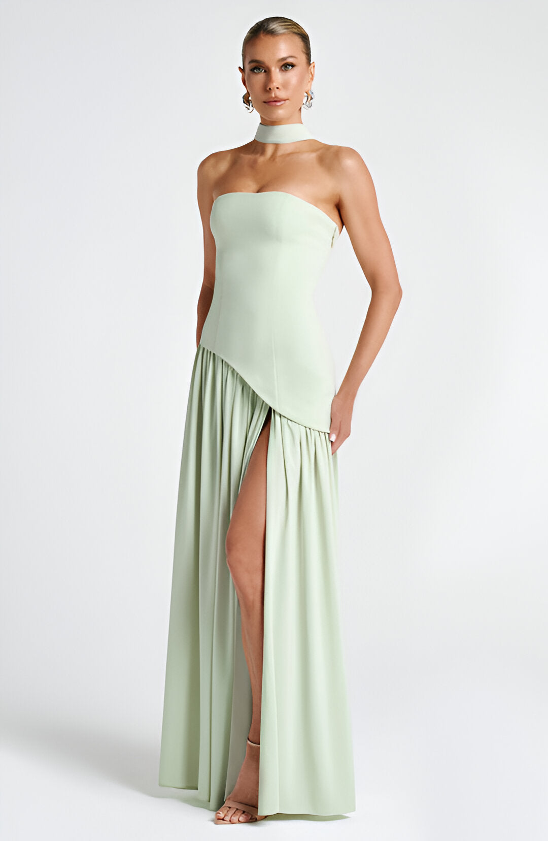 Strapless Neck Scarf Asymmetric High Slit Flowy Maxi Gown 19
