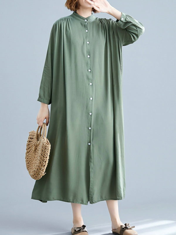 Stand Collar Long Sleeve Button Front Loose Shirt Midi Dress 10