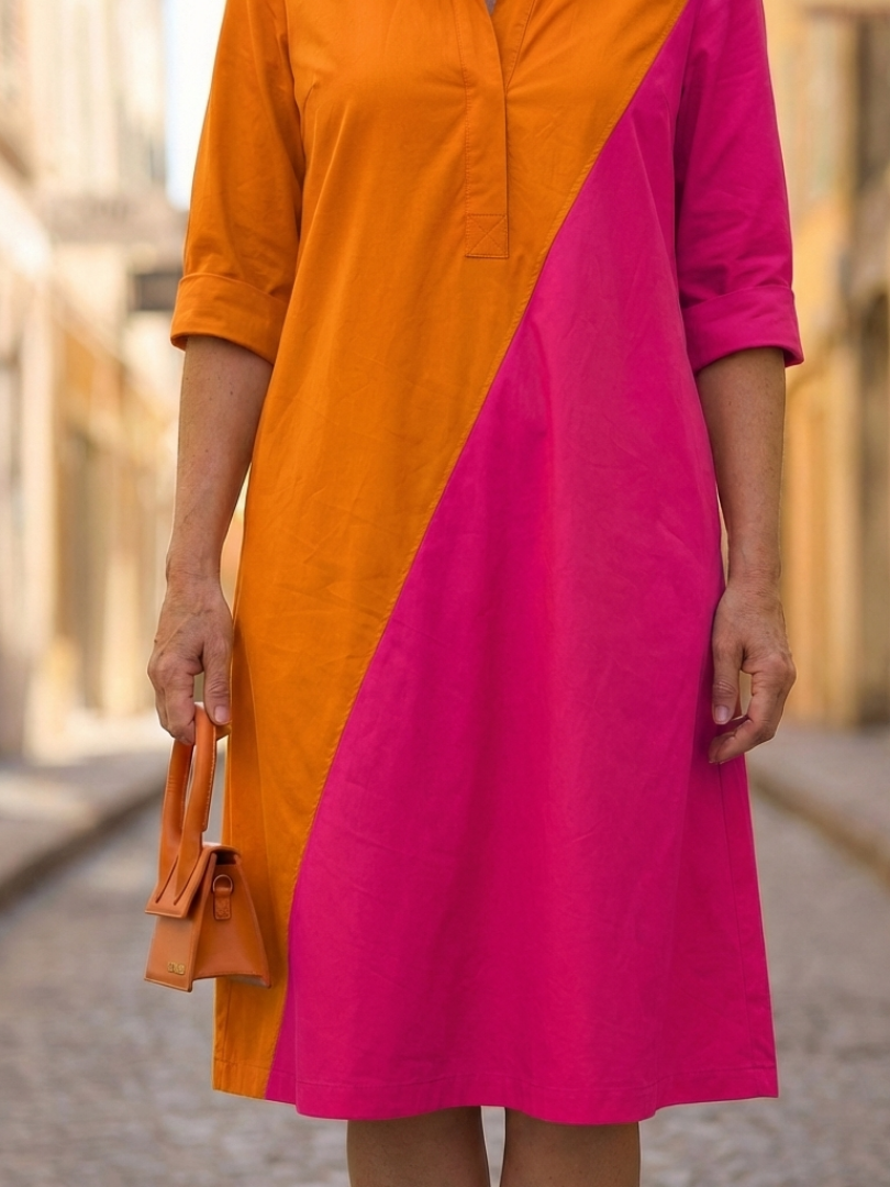 Orange Collar Color Block Three-Quarter Sleeve A-Line Midi Dress