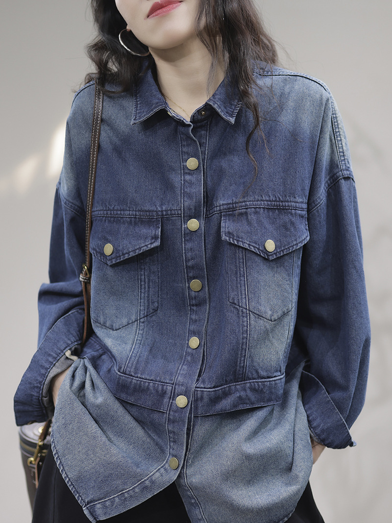 Blue Collared Button Front Flap Pocket Long Sleeve Loose Denim Jacket