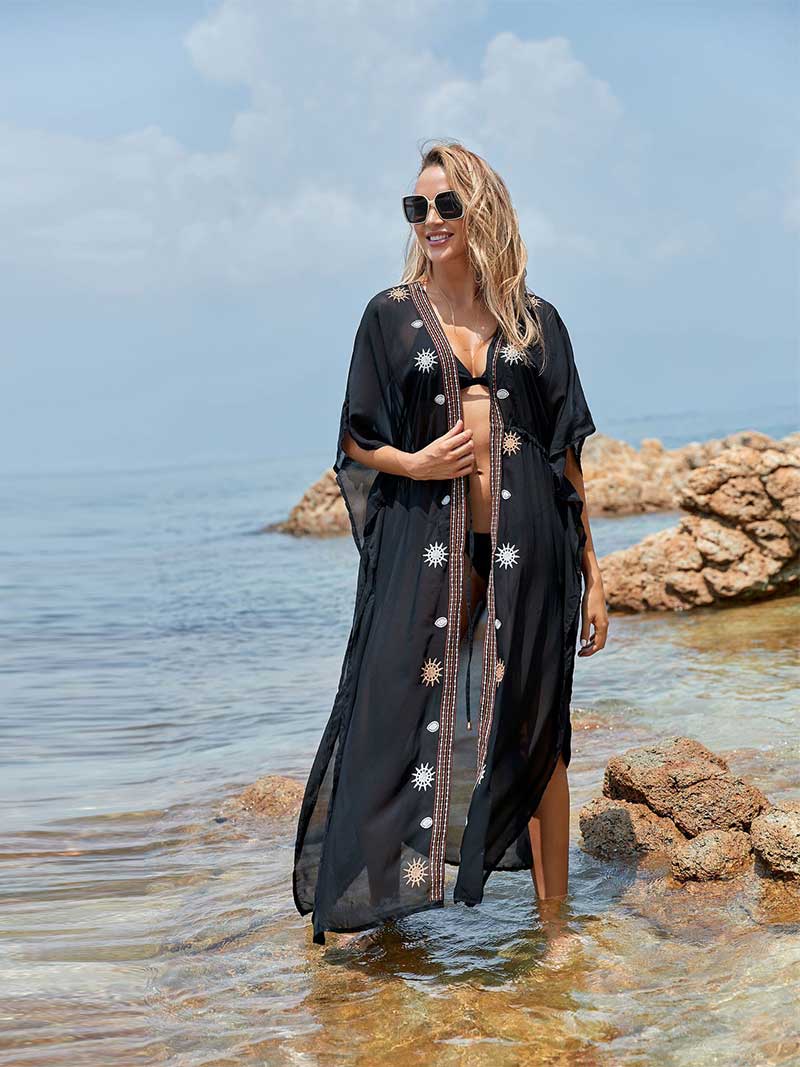 Black Sun Embroidered Mirror Sheer Tie Waist Long Kimono