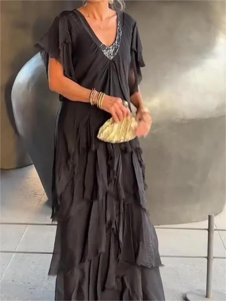 V-Neck Sequin Trim Flutter Sleeve Tiered Ruffle Chiffon Maxi Dress 8