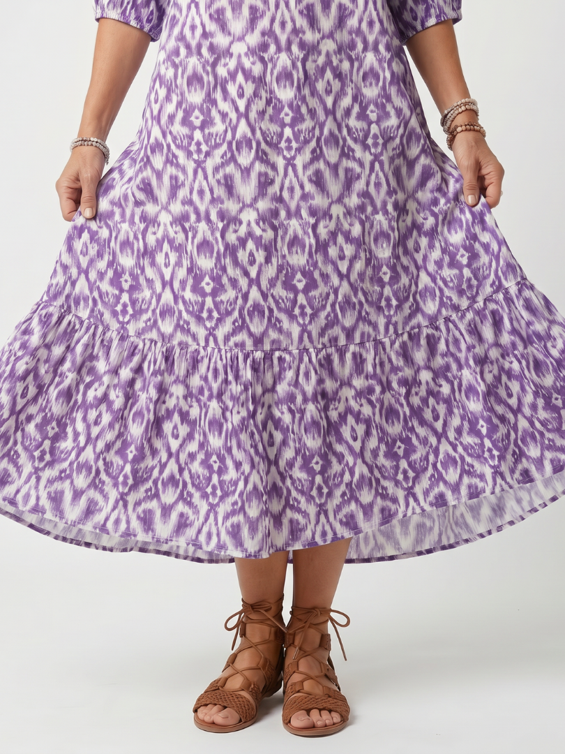 Purple Tassel Tie Neck Ikat Print Three Quarter Sleeve Tiered Maxi Dress 3