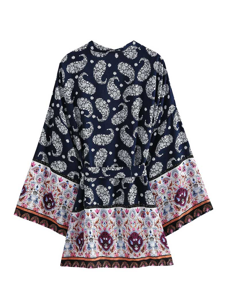Navy Blue Paisley Floral Print Belted Short Kimono Robe