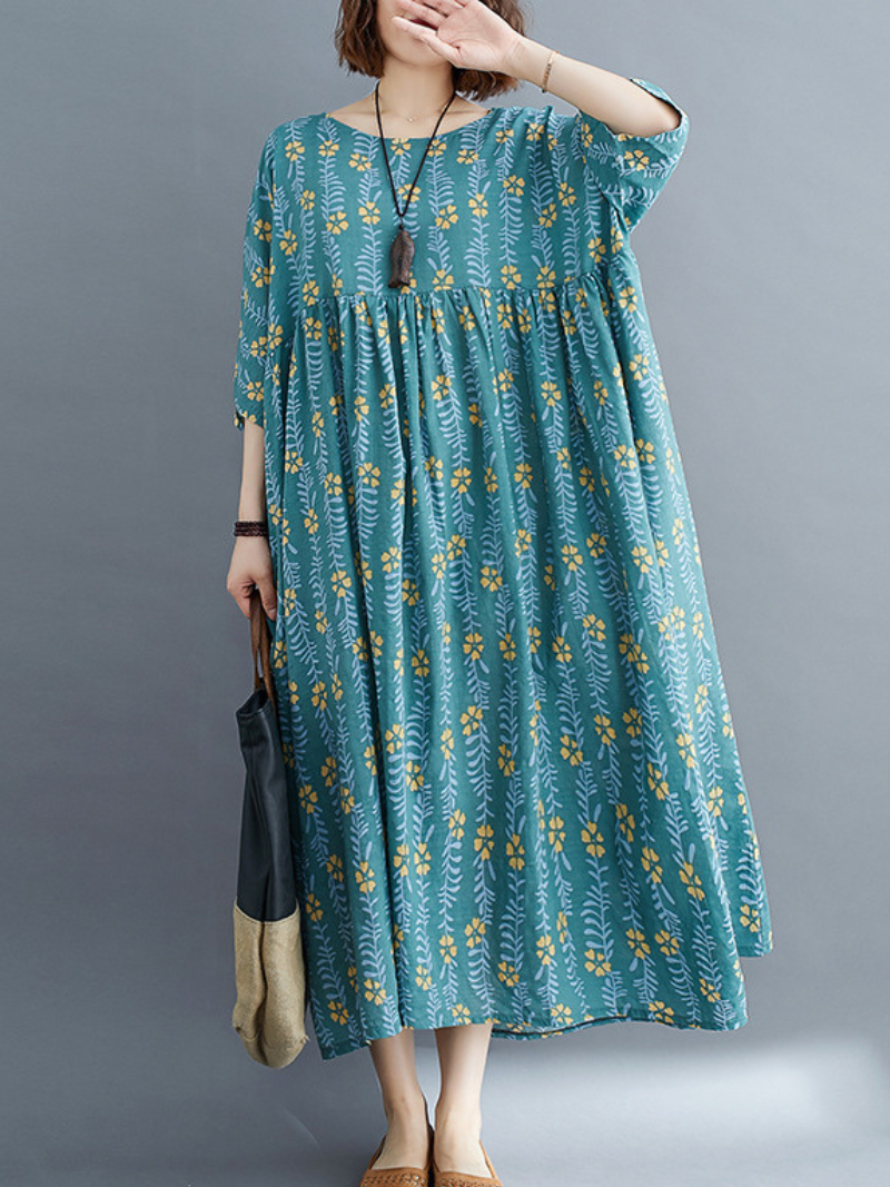 Round Neck Ditsy Floral Smock Empire Waist Maxi Dress