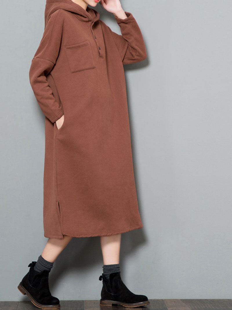 Hooded Long Sleeve Patch Pocket Loose Sweatshirt Midi Dress 5