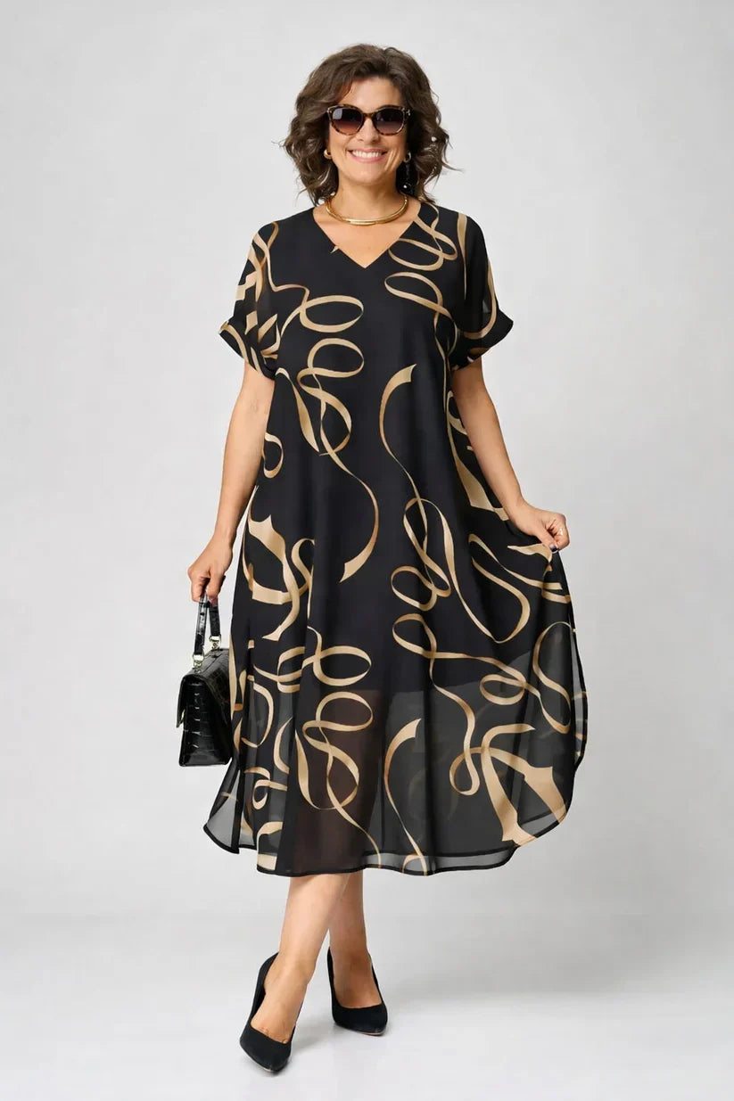 V-Neck Short Sleeve Abstract Swirl Print Chiffon A-Line Midi Dress