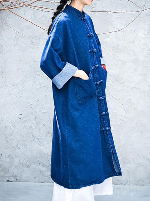 Stand Collar Frog Button Patch Pocket Denim Duster Coat 2