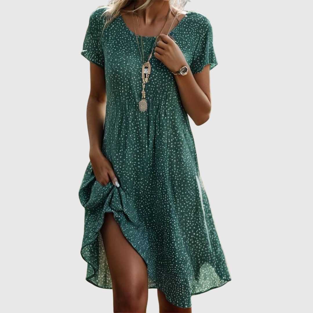 Collared V-Neck Polka Dot Short Sleeve Flowy Midi Dress