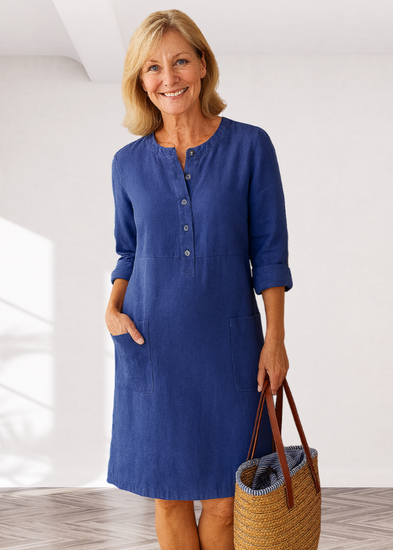 Henley Neck Roll Sleeve Patch Pocket Linen Shift Midi Dress