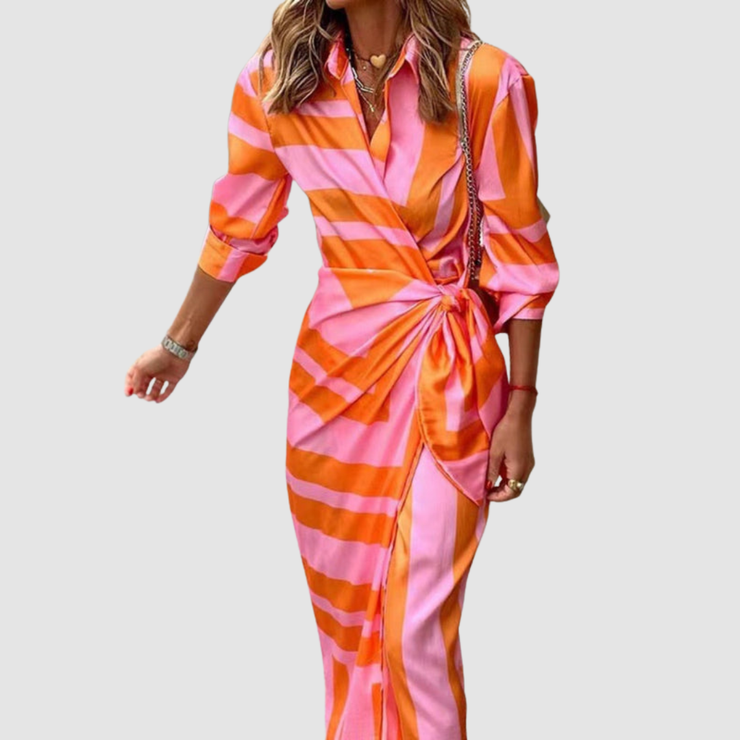 Collared Geometric Stripe Print Long Sleeve Twist Front Bodycon Midi Dress