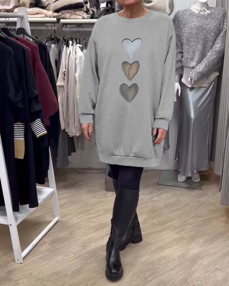 Black Round Neck Heart Print Long Sleeve Sweatshirt Mini Dress