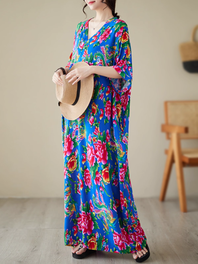 V-Neck Floral Print Batwing Sleeve Loose Kaftan Maxi Dress 2