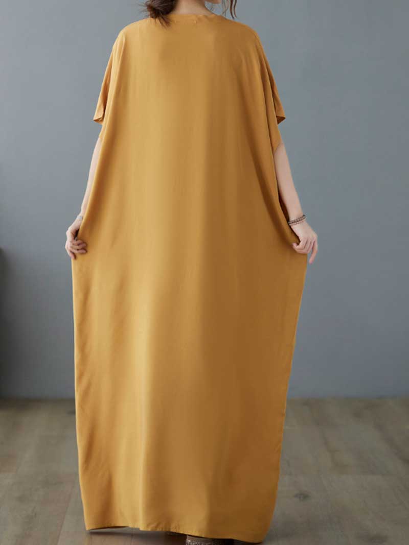 Yellow V-Neck Floral Embroidered Medallion Short Sleeve Loose Kaftan Maxi Dress