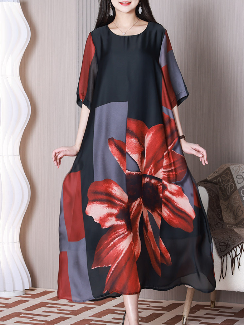 Round Neck Floral Print Short Sleeve Loose A-Line Maxi Dress 2