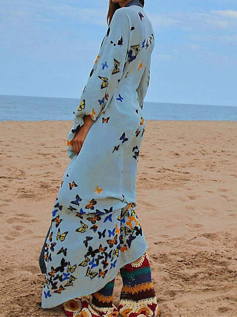 Blue Butterfly Print Contrast Trim Open Front Long Kimono Robe 4
