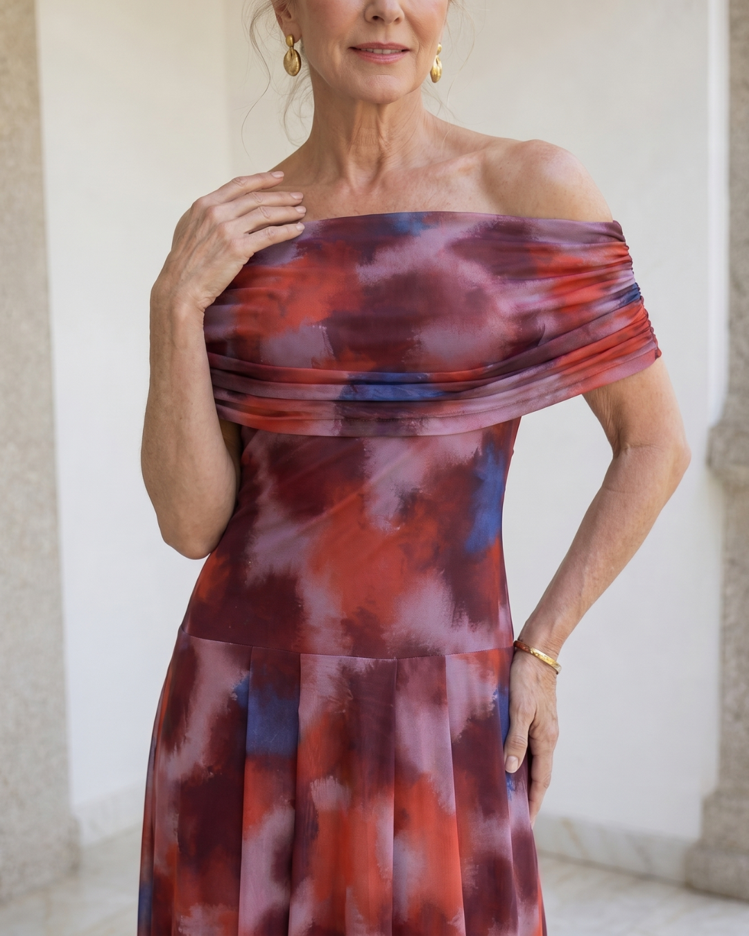 Multicolor Off-Shoulder Ruched Watercolor Print Pleated A-Line Midi Dress