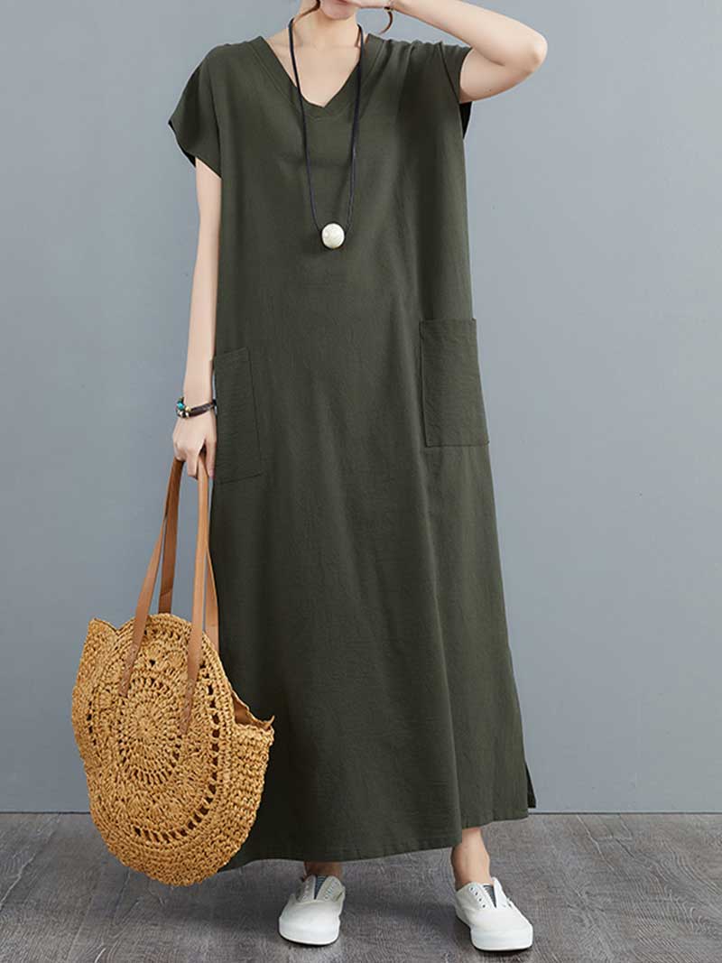 V-Neck Short Sleeve Patch Pocket Side Slit Loose Maxi Dress 8