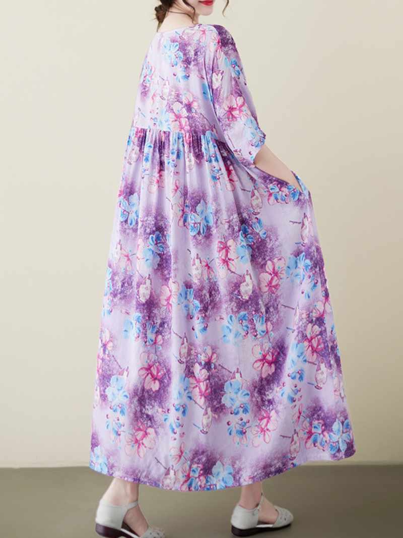 Purple Round Neck Batwing Sleeve Floral Print Pleated Smock Maxi Dress