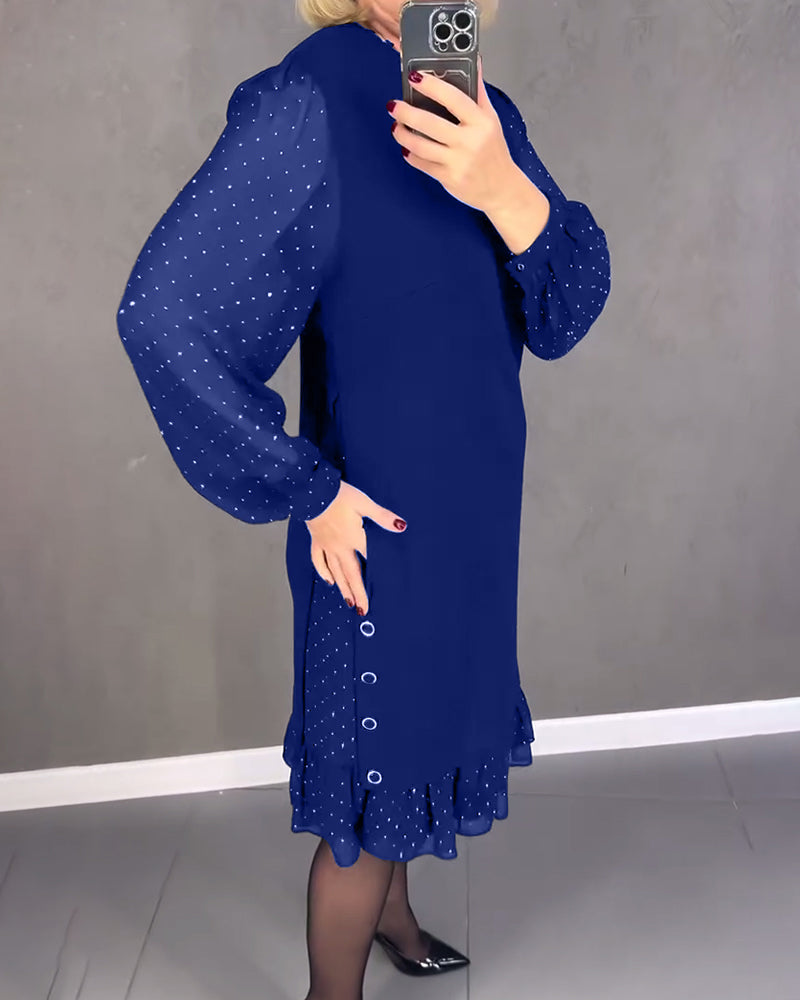 Round Neck Dot Mesh Sleeve Ruffle Hem Shift Midi Dress 11