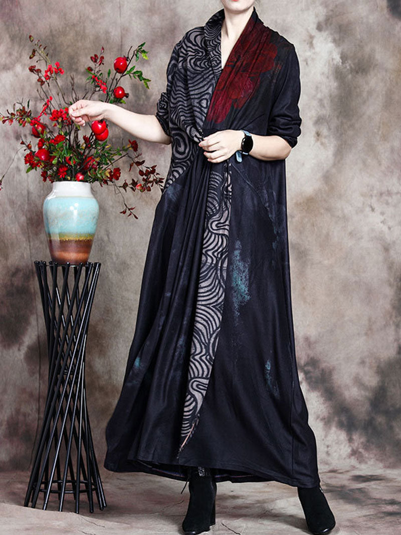 Black Draped Lapel Long Sleeve Abstract Print Asymmetric Maxi Dress