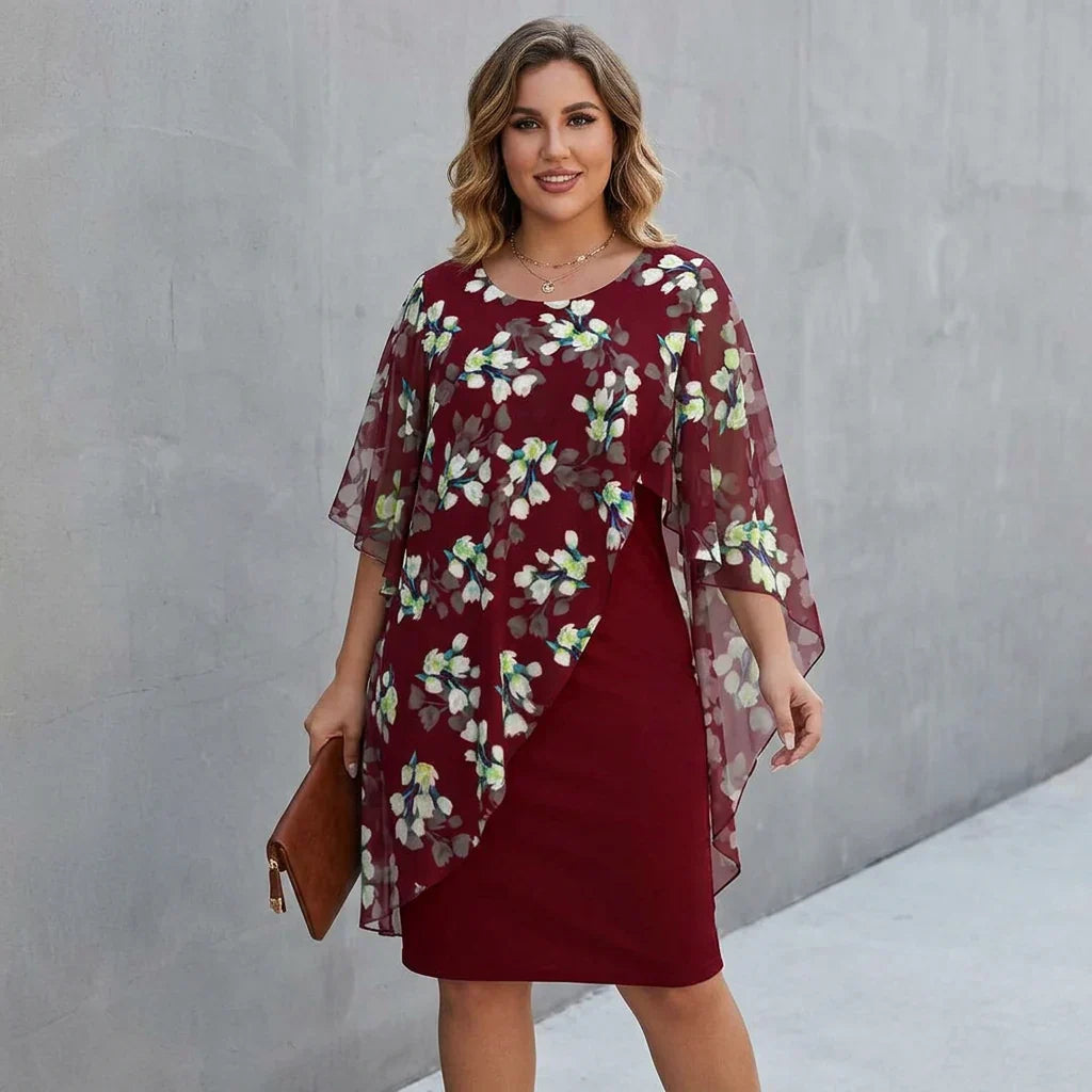 Round Neck Floral Chiffon Cape Overlay Sheath Midi Dress 4