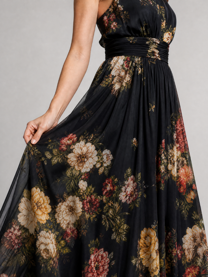 Black Halter Neck Floral Print Ruched Waist Sleeveless Pleated Maxi Dress 2