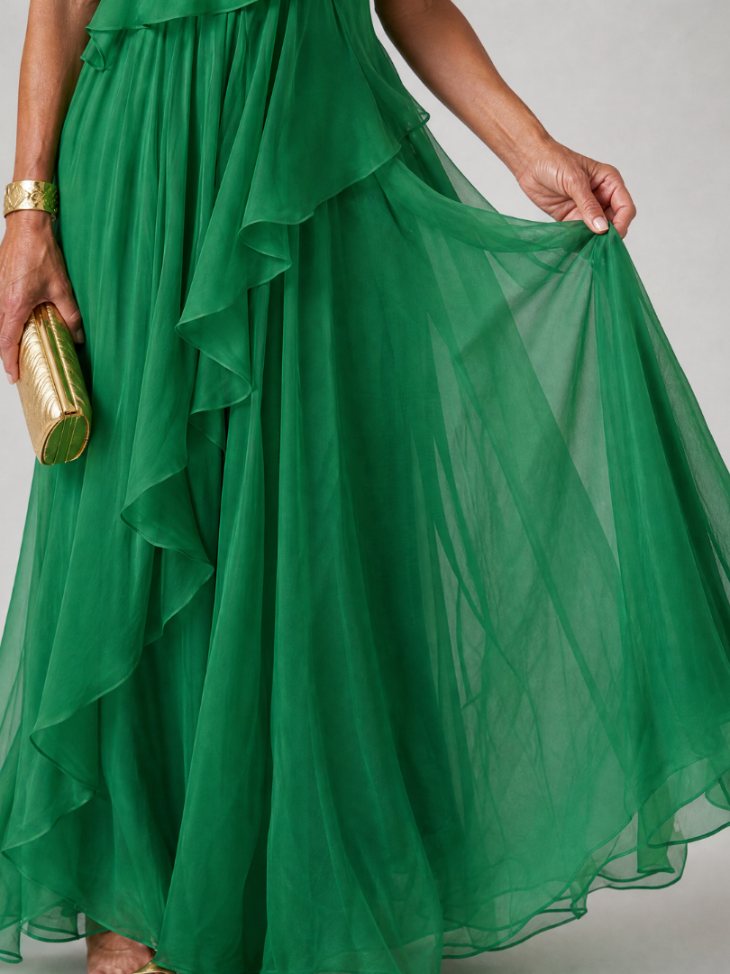 One-Shoulder Chiffon Cascade Ruffle Flowy Maxi Gown 4