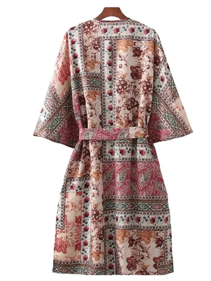 Red Paisley Floral Patchwork Tie Waist Long Kimono Duster