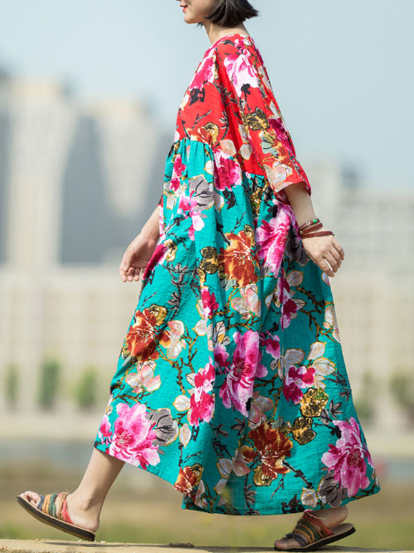 Round Neck Floral Print Half Sleeve Loose Maxi Dress 5