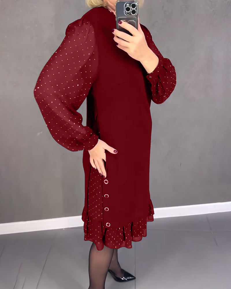 Round Neck Dot Mesh Sleeve Ruffle Hem Shift Midi Dress 14