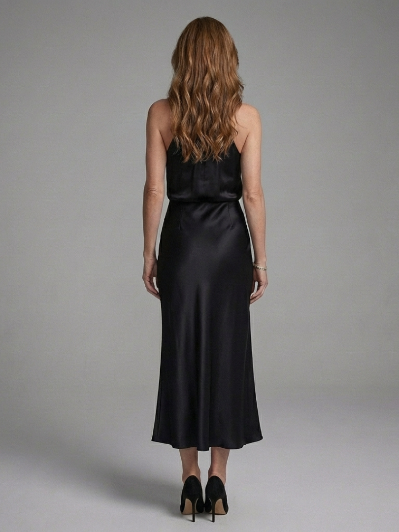 Halter Neck Satin Blouson Bias Midi Dress 3