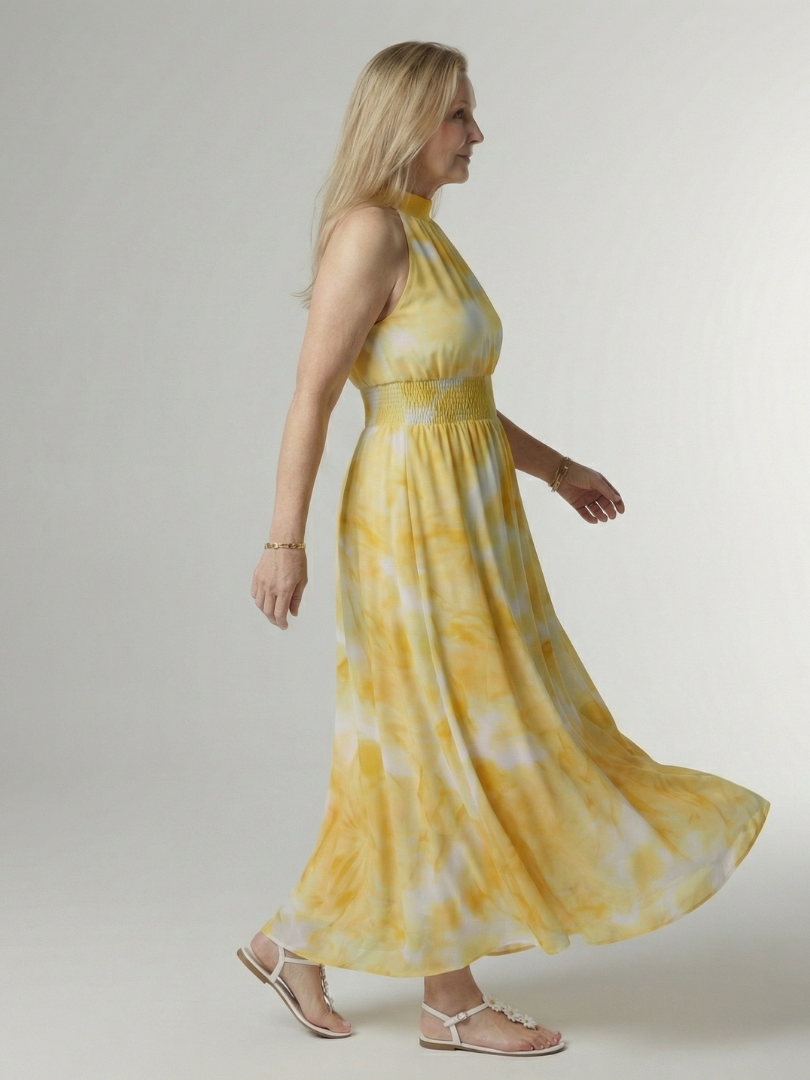 Halter High Neck Sleeveless Tie-Dye Print Shirred Waist Maxi Dress
