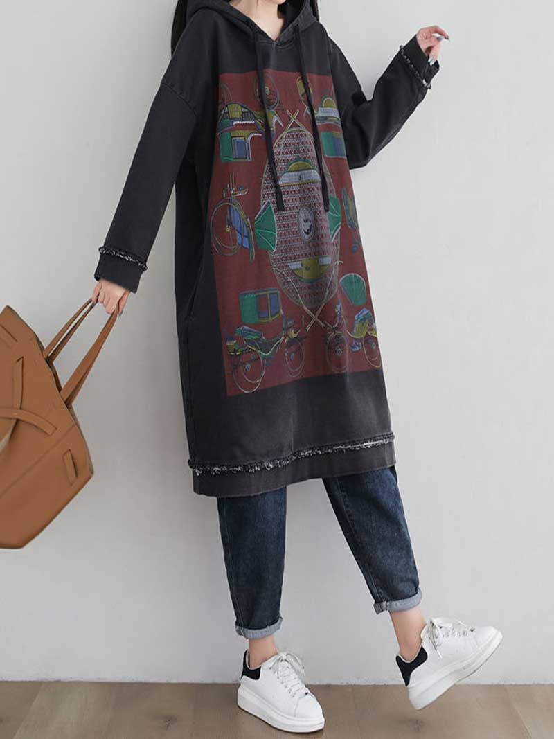 Hooded Graphic Print Frayed Hem Oversized Sweatshirt Midi Dress