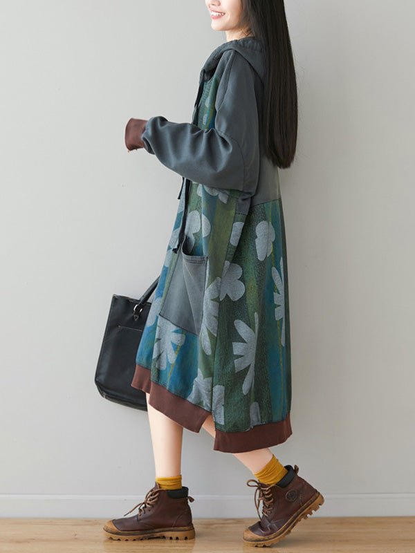 Grey Hooded Floral Print Patch Pocket Long Sleeve Sweatshirt Midi Dress 2