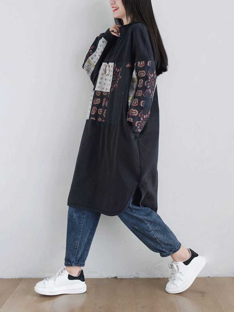 Mock Neck Patchwork Print Long Sleeve Loose Midi Dress