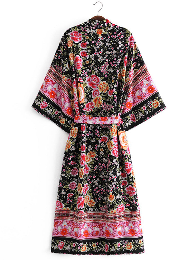 Black Allover Floral Print Border Trim Tie Waist Wide Sleeve Long Kimono