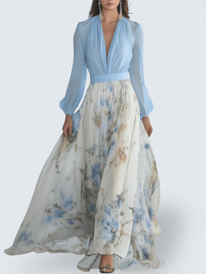 Deep V-Neck Bishop Sleeve Floral Chiffon Flowy A-Line Maxi Dress