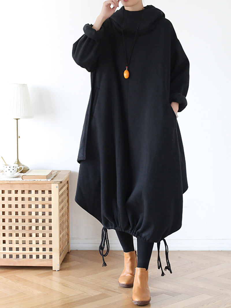 Hooded Long Sleeve Drawstring Hem Loose Cocoon Midi Dress