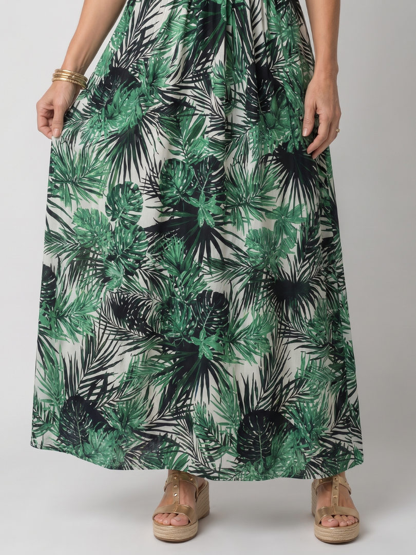 Multicolor Spaghetti Strap V-Neck Tropical Leaf Print Shirred Waist Maxi Dress