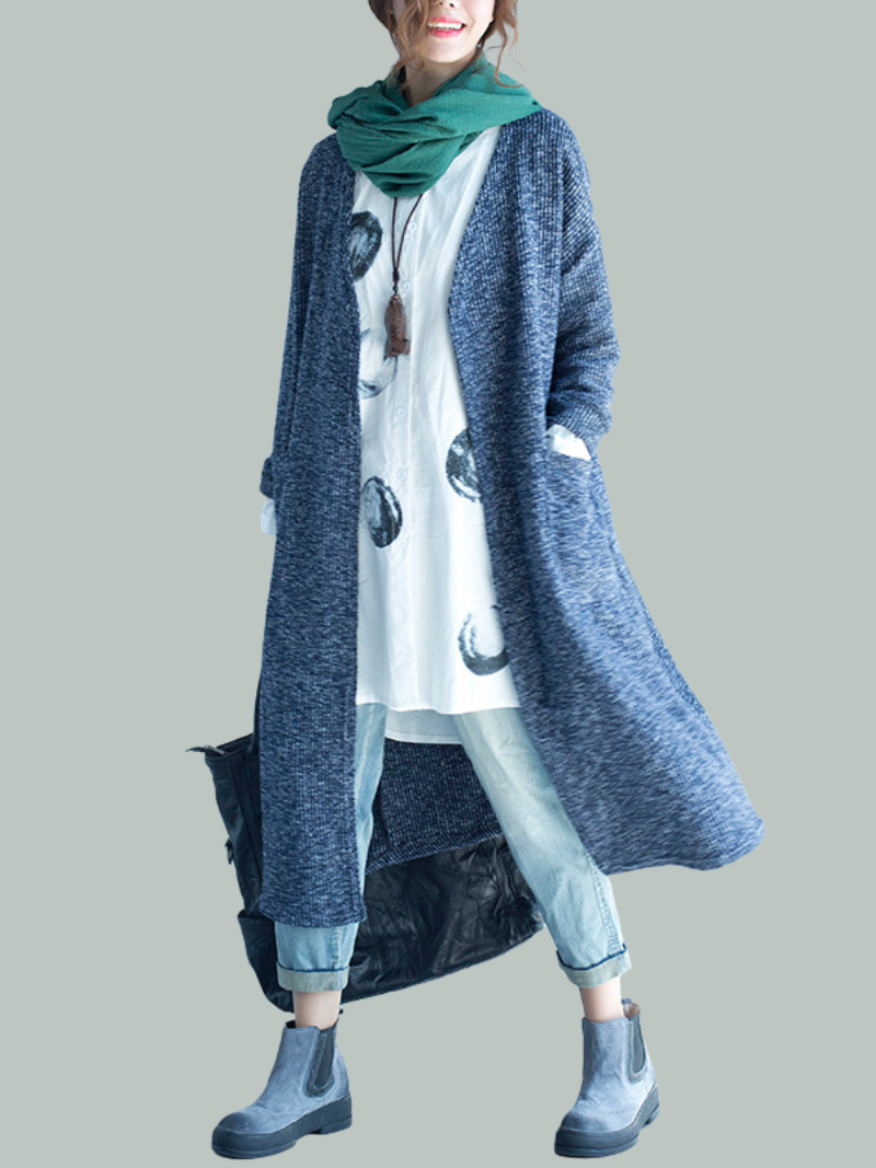 Open Front Long Sleeve Patch Pocket Knit Longline Cardigan