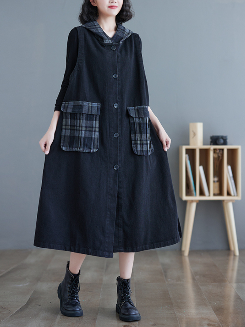 Black Hooded Sleeveless Button Front Plaid Pocket Denim A-Line Midi Dress