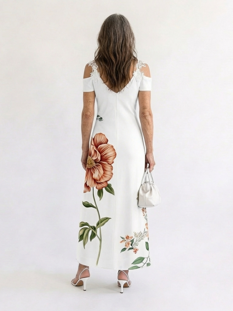 White V-Neck Lace Cold Shoulder Floral Short Sleeve A-Line Maxi Dress 2