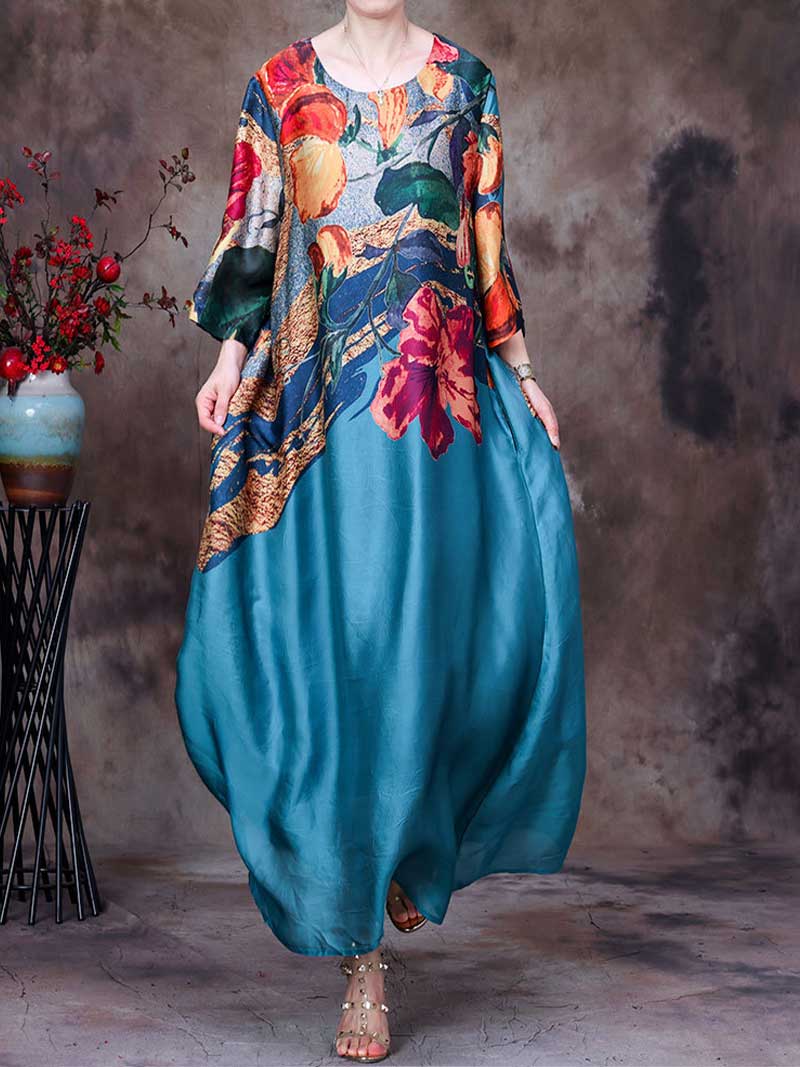 Round Neck Batwing Sleeve Floral Colorblock Loose Maxi Dress 2