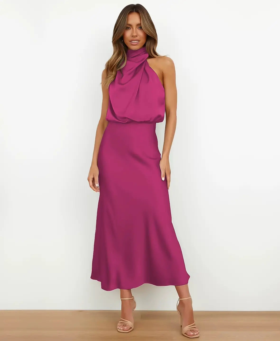 Halter Neck Draped Satin Sleeveless A-Line Maxi Dress 10