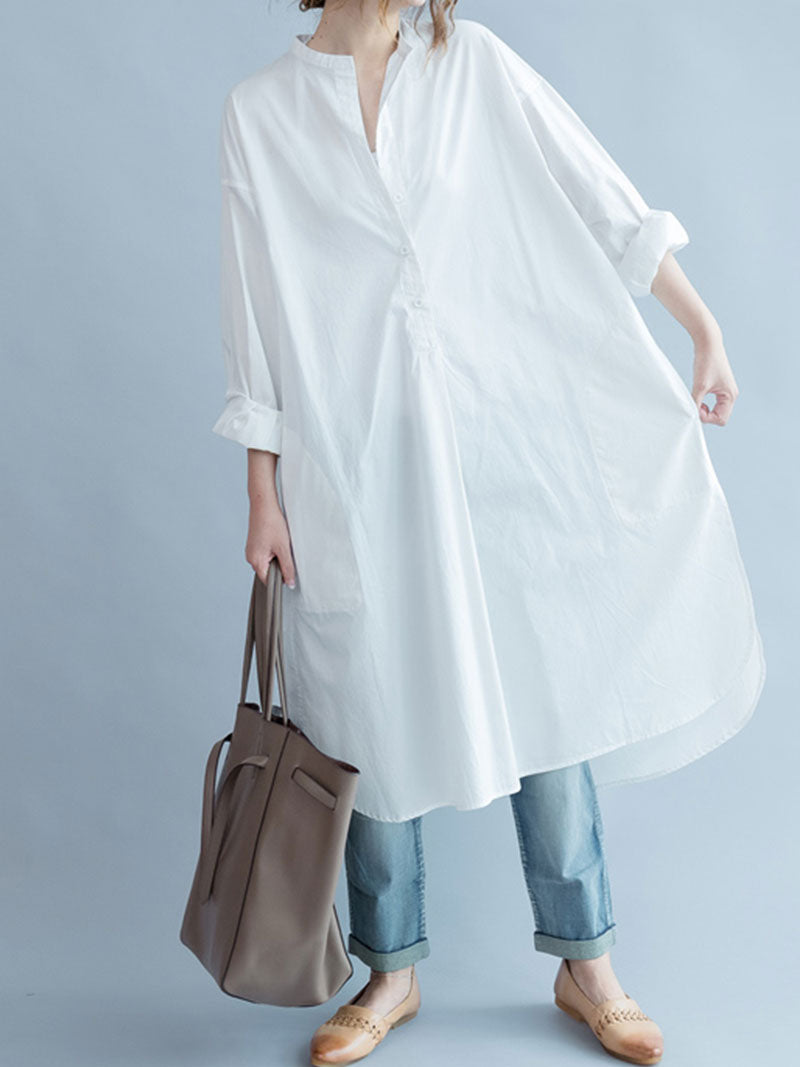 White Band Collar Button Front Long Sleeve Loose High-Low Shirt Dress