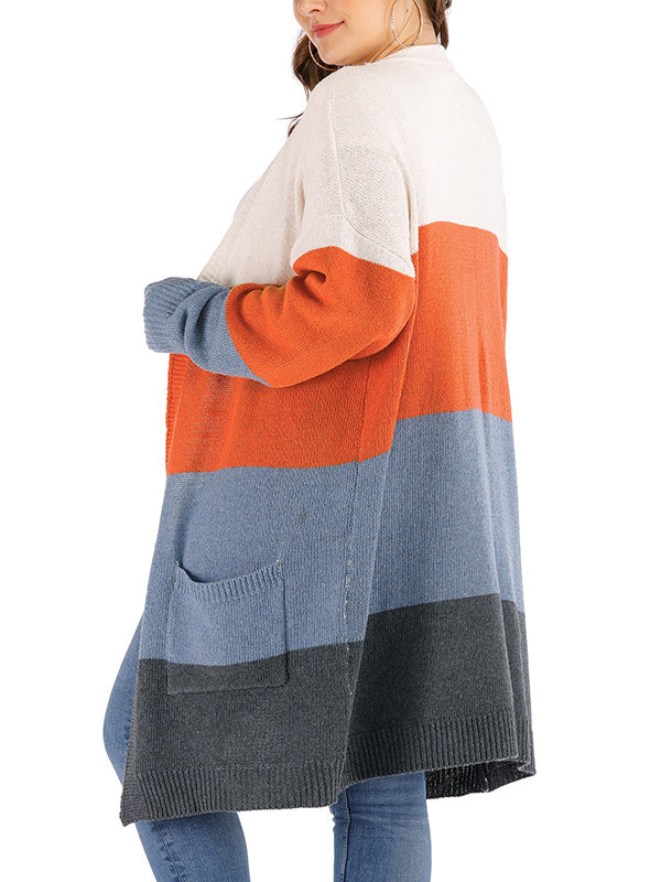 Multi Color Open Front Color Block Long Sleeve Patch Pocket Knit Cardigan