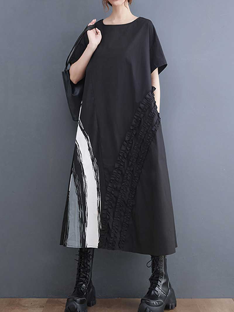 Black Round Neck Short Sleeve Ruffle Trim Contrast Panel Loose Midi Dress 3