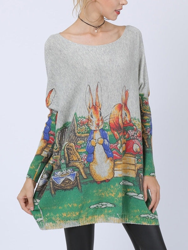 Boat Neck Rabbit Print Batwing Sleeve Loose Knit Sweater