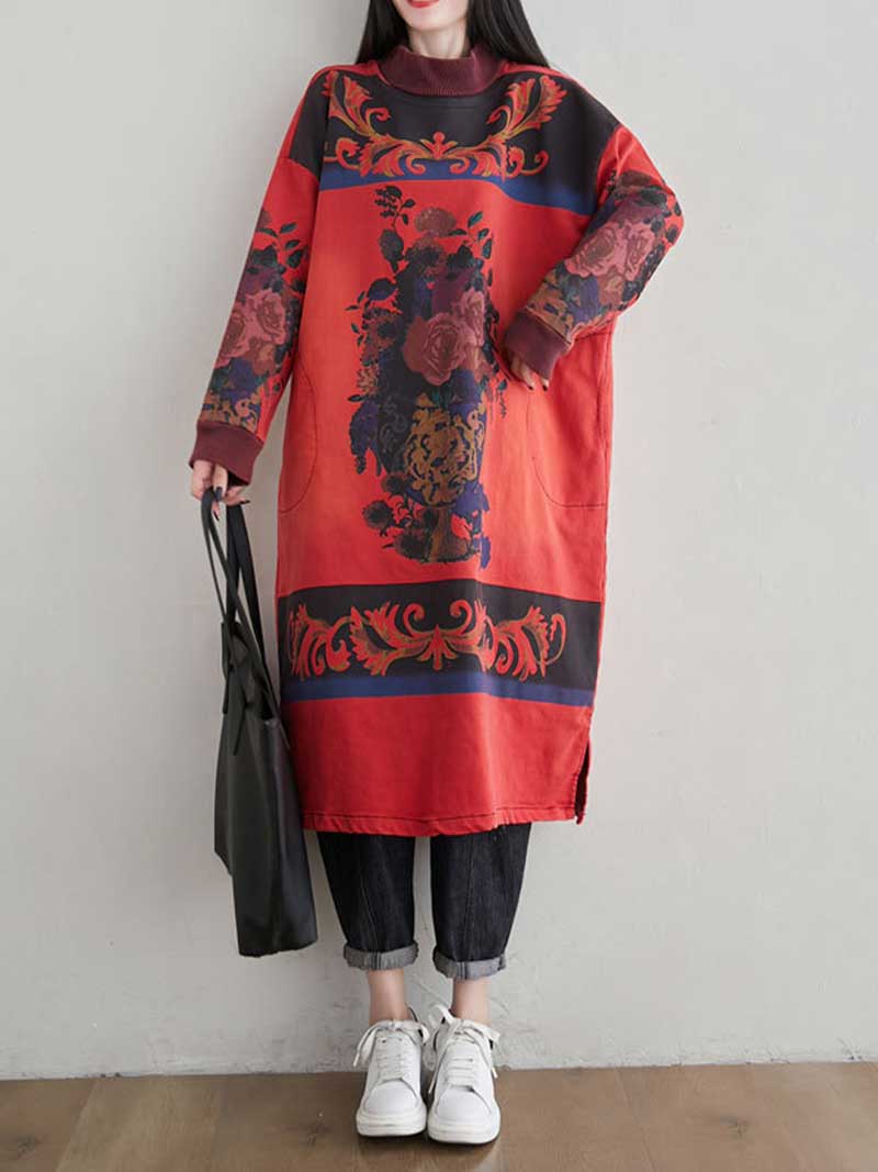 Red High Neck Baroque Floral Print Long Sleeve Loose Sweater Midi Dress 3